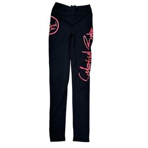 Celestial Bodiez Women's Black Leggings Hot Pink Logo Size S Nylon/Spandex